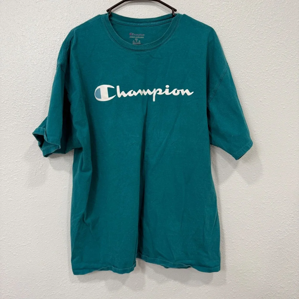 Champion Mens Teal Green Script Logo Graphic T-Shirt 2XL Cotton Short Sleeve - Picture 1 of 8